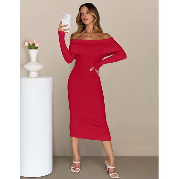 Merokeety Women's Red Off Shoulder Long Sleeve Elegant Bodycon Midi Dress - Picture 7 of 9